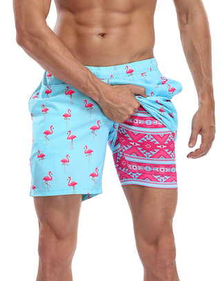 Men's Swim Trunks 7" Compression Liner in Party Like a Flock Star / Tribal