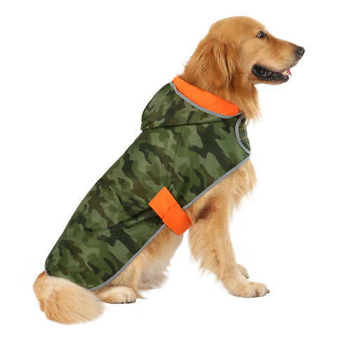Reversible Orange & Camo Dog Raincoat with Hood