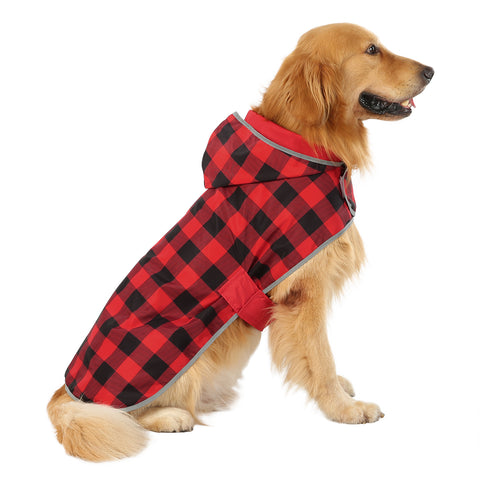 Reversible Red & Buffalo Plaid Dog Raincoat with Hood