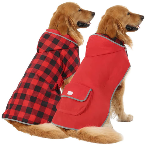 Reversible Red & Buffalo Plaid Dog Raincoat with Hood