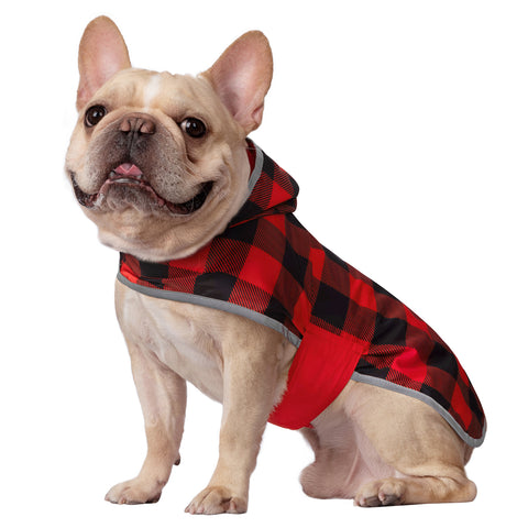 Reversible Red & Buffalo Plaid Dog Raincoat with Hood