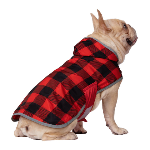 Reversible Red & Buffalo Plaid Dog Raincoat with Hood