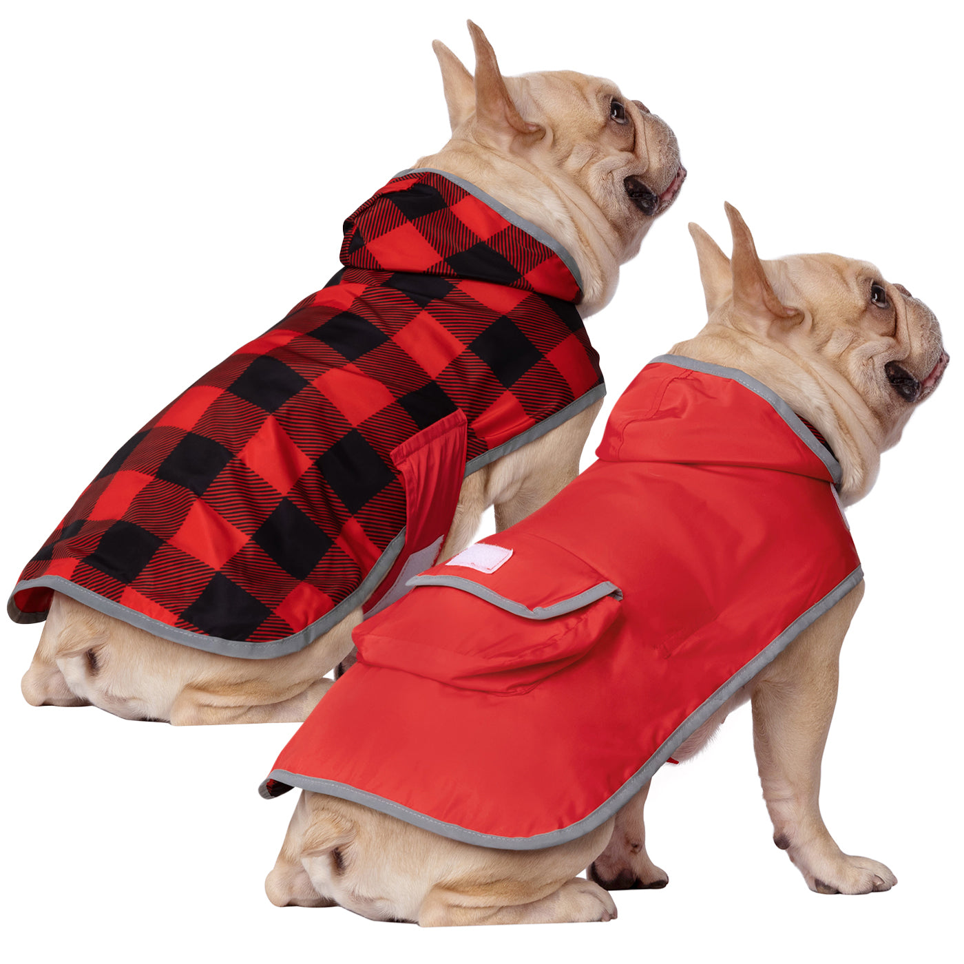 Reversible Red & Buffalo Plaid Dog Raincoat with Hood Main image