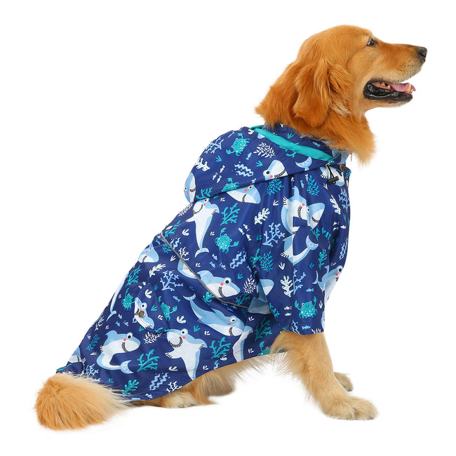 Shark Zip Up Dog Raincoat Double Layer Hood in Sharks – back view