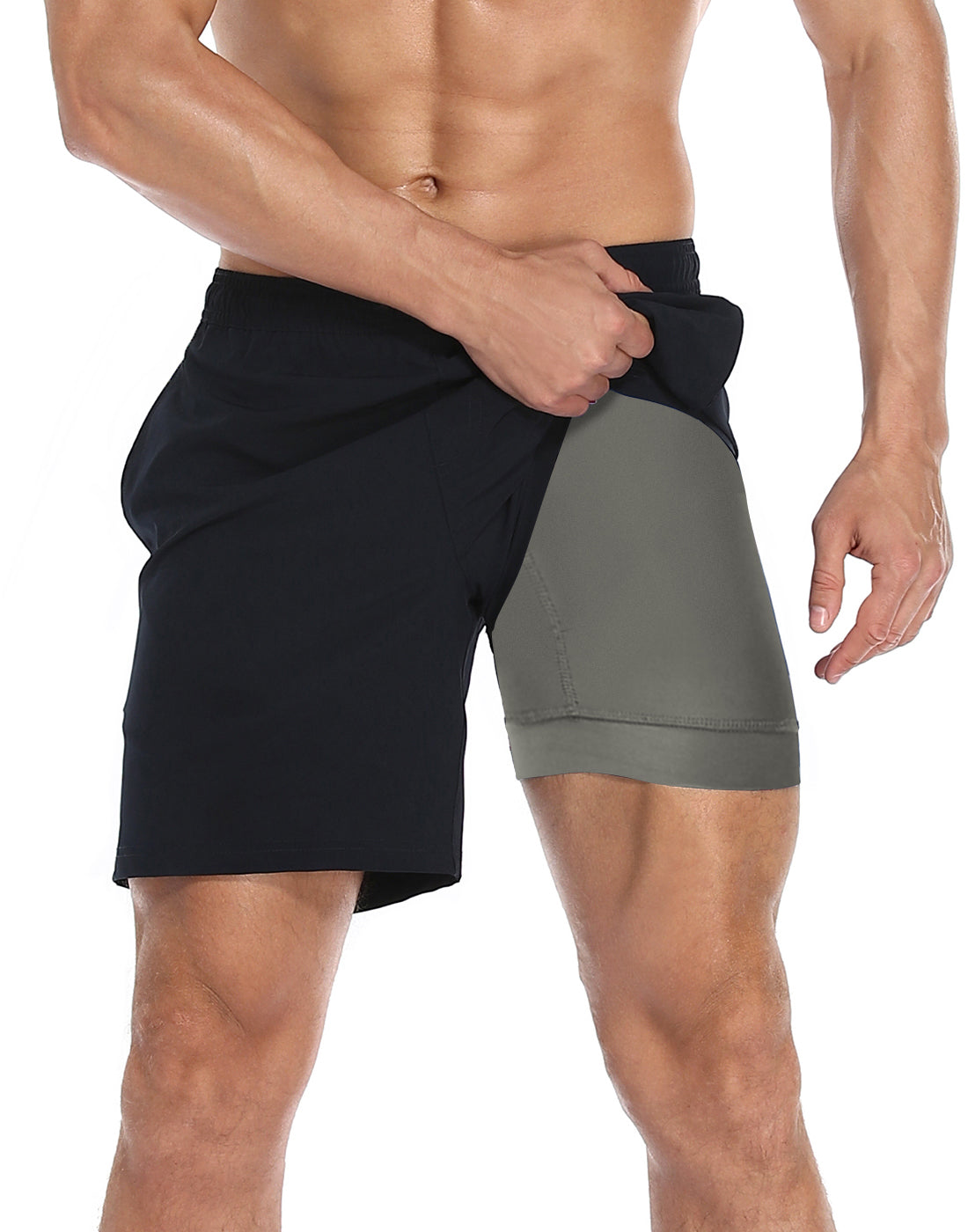 Black Workout Shorts with Grey Compression Liner 7 inch Inseam Main image