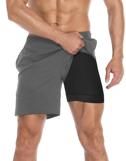Gray Workout Shorts with Black Compression Liner 7 inch Inseam
