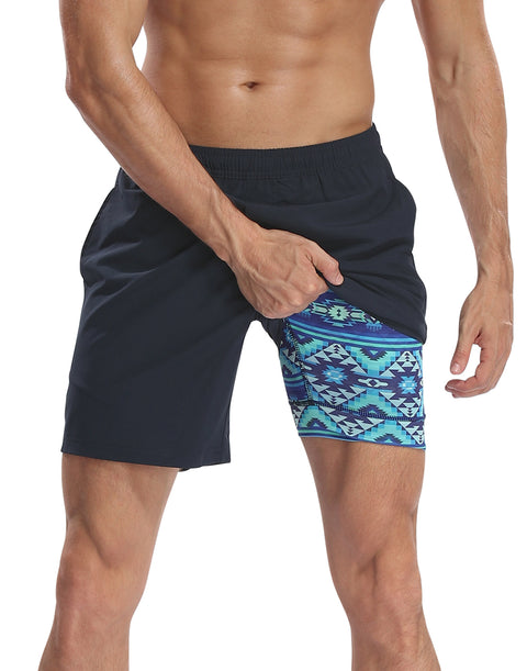 Black Workout Shorts with Tribal Compression Liner 7 inch Inseam
