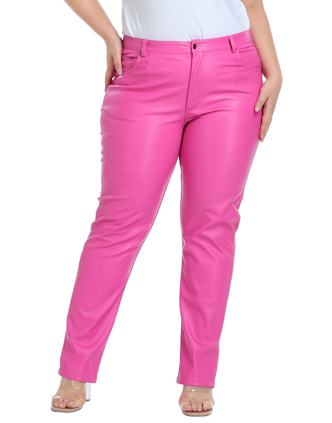 Plus Size Faux Leather Pants High Waist Pockets in Hot Pink