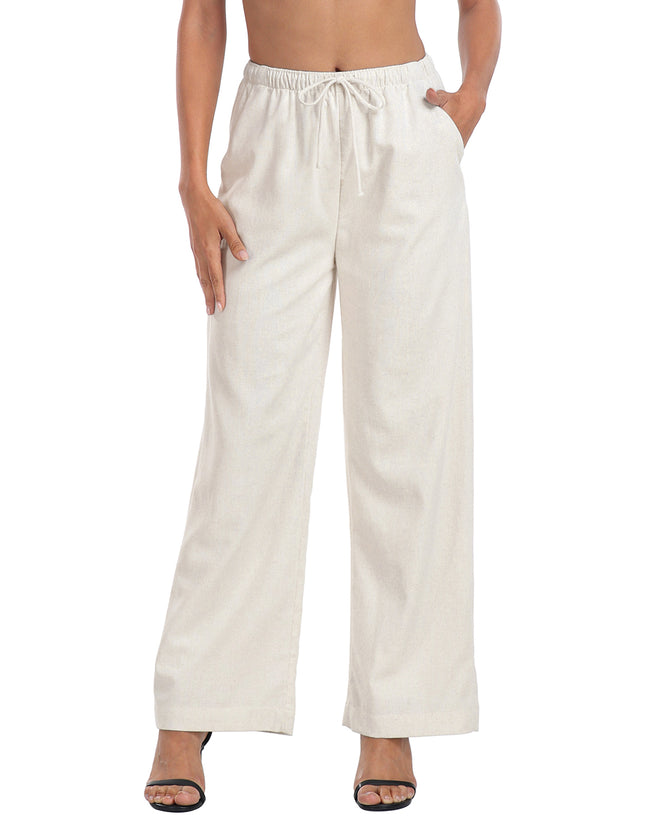 Women's Linen Drawstring Pants with Pockets in Khaki Sand