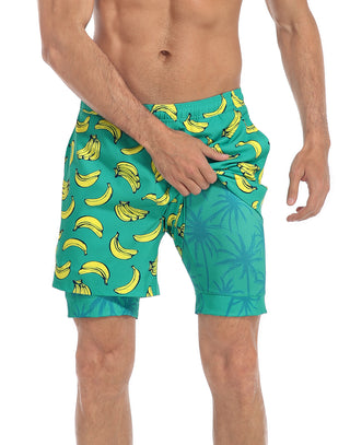 Men's Swim Trunks 5" Compression Liner in Drive Me Bananas / Palm Trees