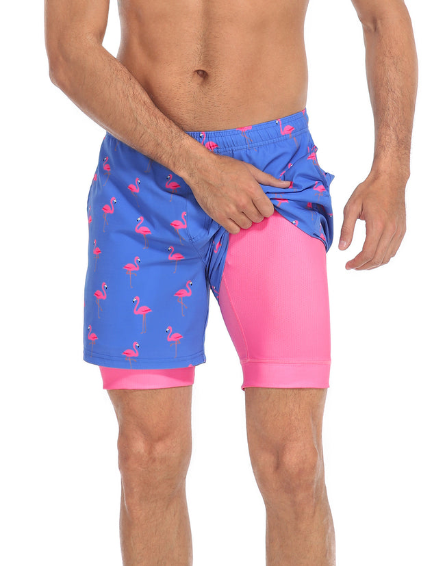 Men's Swim Trunks 5" Compression Liner in Party Like a Flock Star / Pink