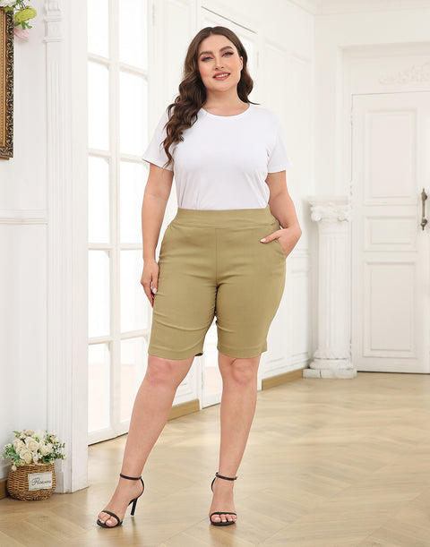 Plus Size Pull On Bermuda Shorts with Pockets and 10" Inseam