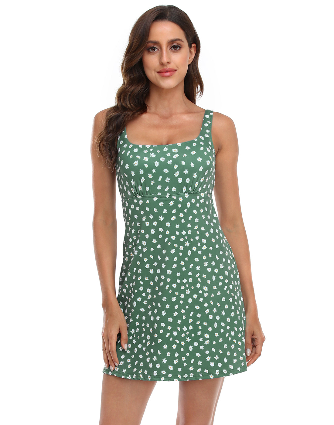 Green Ditsy Floral Exercise Workout Dress with Built-in Bra and Shorts Main image
