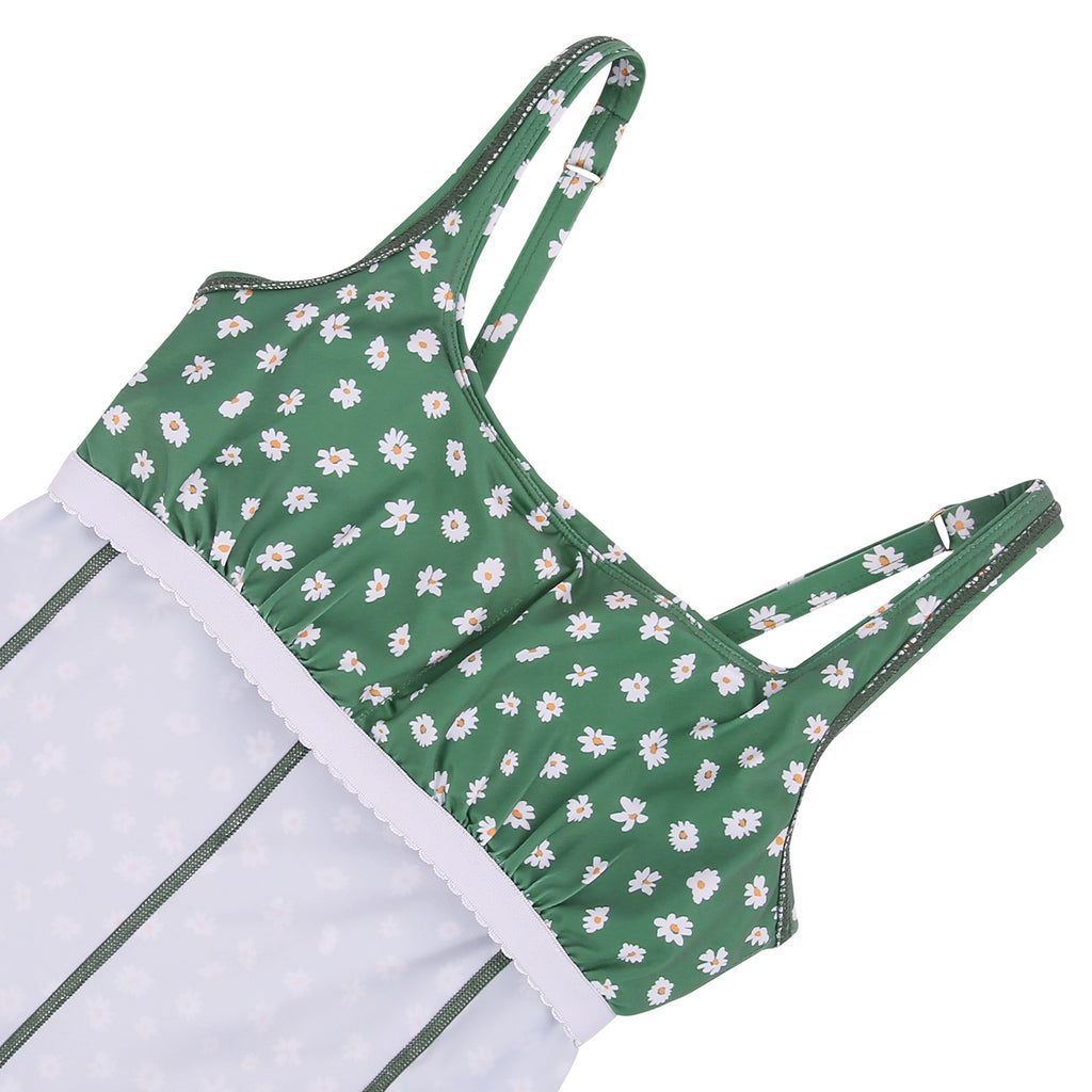 Green Ditsy Floral Exercise Workout Dress with Built-in Bra and Shorts