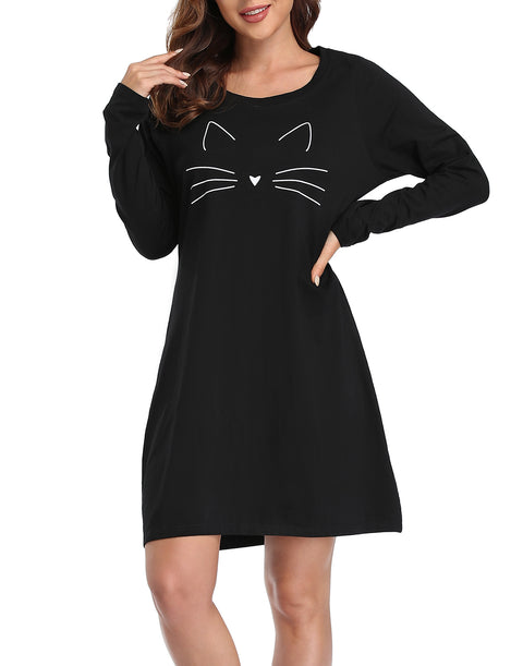 Cute Cat Long Sleeve Sleepwear Cotton Nightgown Sleepshirt