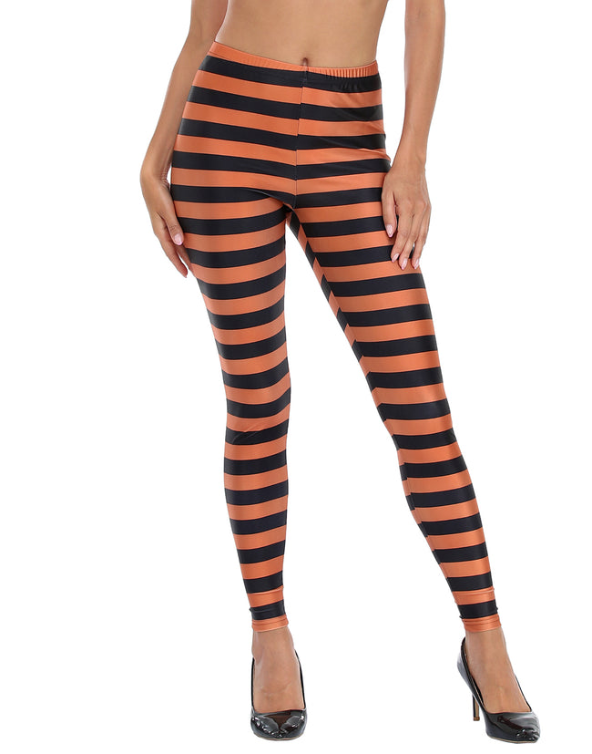Black & Orange Stripe Print Leggings Women's – close-up detail