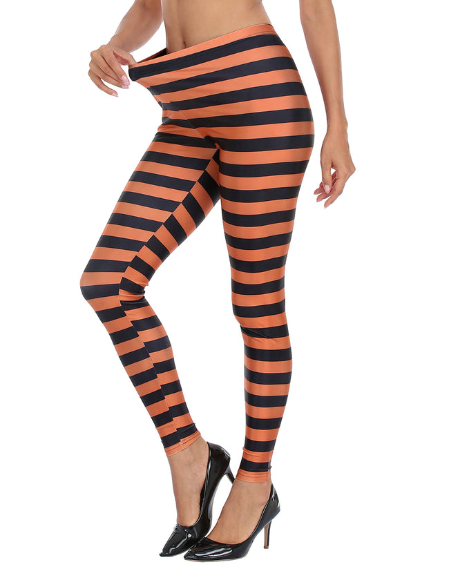 Black & Orange Stripe Print Leggings Women's – alternate view