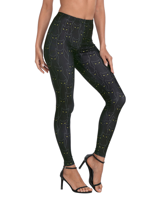 Black Cats Print Leggings Graphic Tights – side view