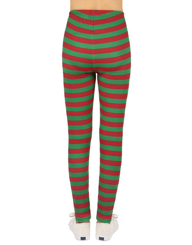 Girl's Red & Green Stripe Leggings Holiday – back view