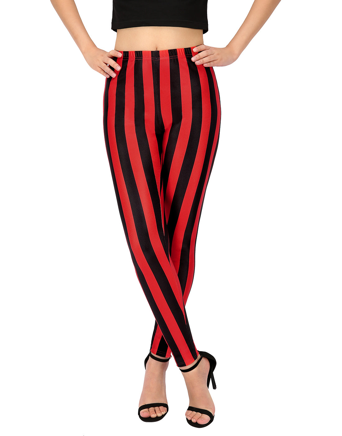 Black and Red Stripes Graphic Leggings – front view