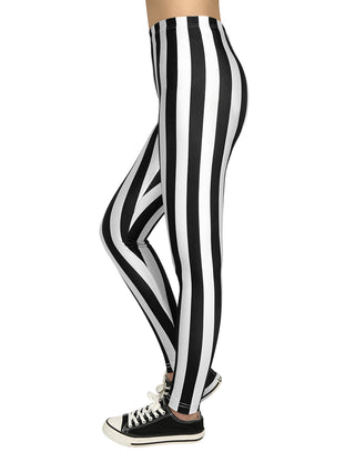 Black and White Striped Leggings Women's in Black and White