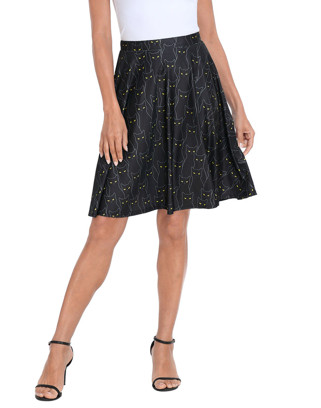 Black Cats Midi Skater Skirt Pleated Print – side view