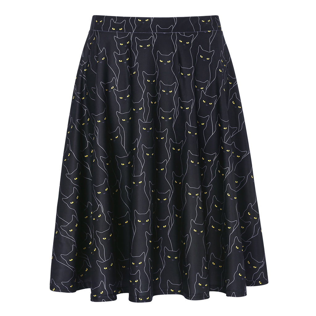 Black Cats Midi Skater Skirt