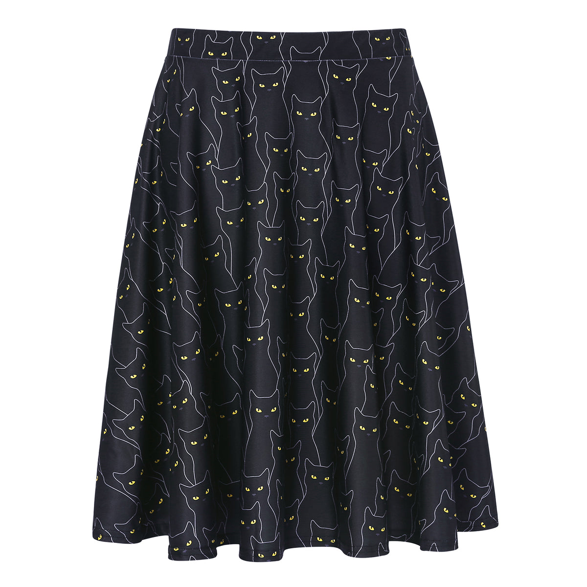 Black Cats Midi Skater Skirt Pleated Print in Black Cats