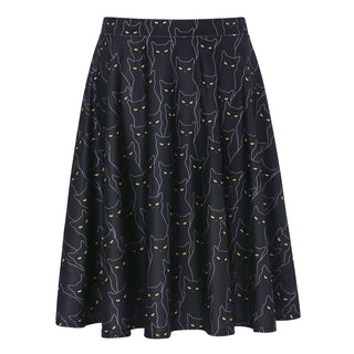 Black Cats Midi Skater Skirt Pleated Print in Black Cats