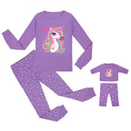Purple Magic Unicorn Girls Cotton Pajama Set with Matching Doll Outfit