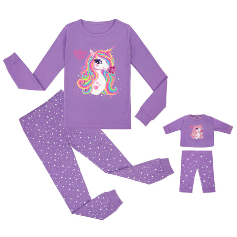 Purple Magic Unicorn Girls Cotton Pajama Set with Matching Doll Outfit