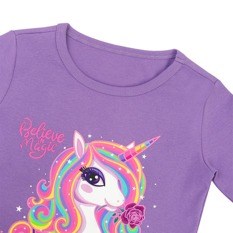 Purple Magic Unicorn Girls Cotton Pajama Set with Matching Doll Outfit