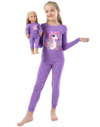 Purple Unicorn Girls Pajama Set + Doll Outfit in Purple Magic Unicorn/Long
