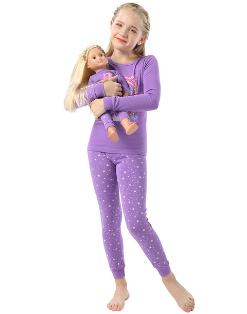 Purple Magic Unicorn Girls Cotton Pajama Set with Matching Doll Outfit