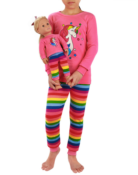 Pink Rainbow Unicorn Girls Long Sleeve Cotton Pajama Set with Matching Doll Outfit