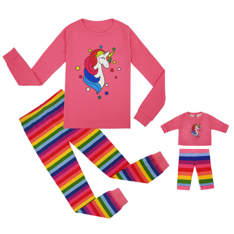 Pink Rainbow Unicorn Girls Long Sleeve Cotton Pajama Set with Matching Doll Outfit