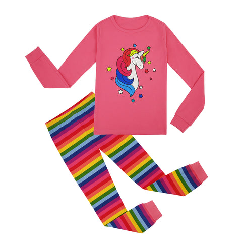 Pink Rainbow Unicorn Girls Long Sleeve Cotton Pajama Set with Matching Doll Outfit
