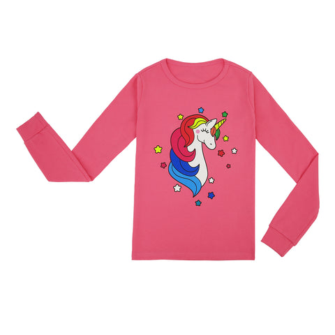 Pink Rainbow Unicorn Girls Long Sleeve Cotton Pajama Set with Matching Doll Outfit