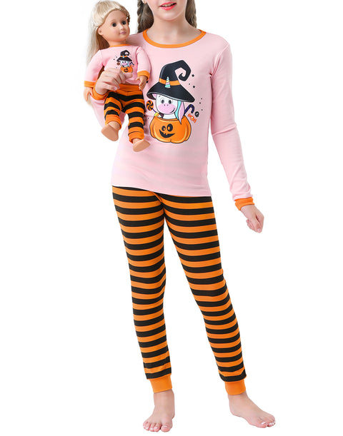 Halloween Pumpkin Unicorn Girls Long Sleeve Cotton Pajama Set With Matching Doll Outfit