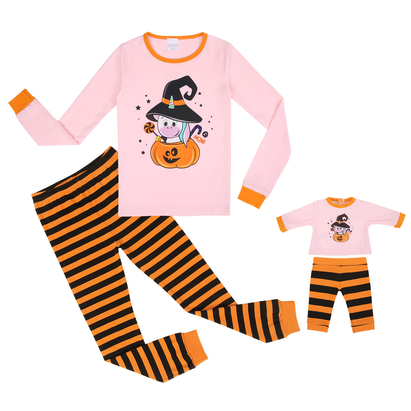 Halloween Pumpkin Unicorn Girls Long Sleeve Cotton Pajama Set With Matching Doll Outfit Secondary image