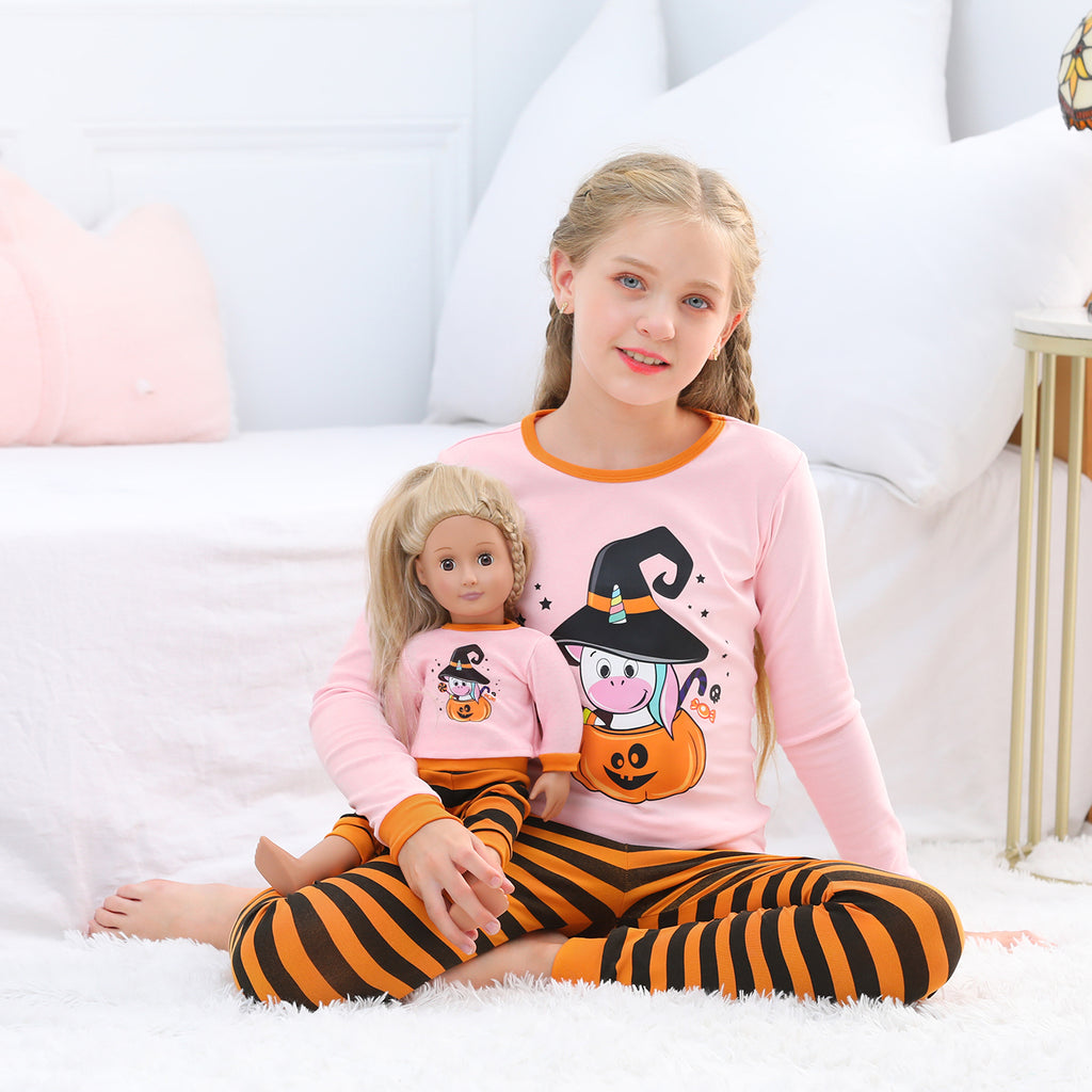 Halloween Pumpkin Unicorn Girls Long Sleeve Cotton Pajama Set With Matching Doll Outfit
