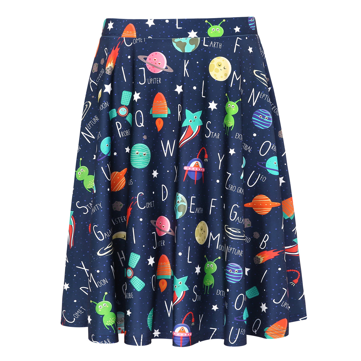 Space Alphabet Midi Skater Skirt Pleated in Space Alphabet