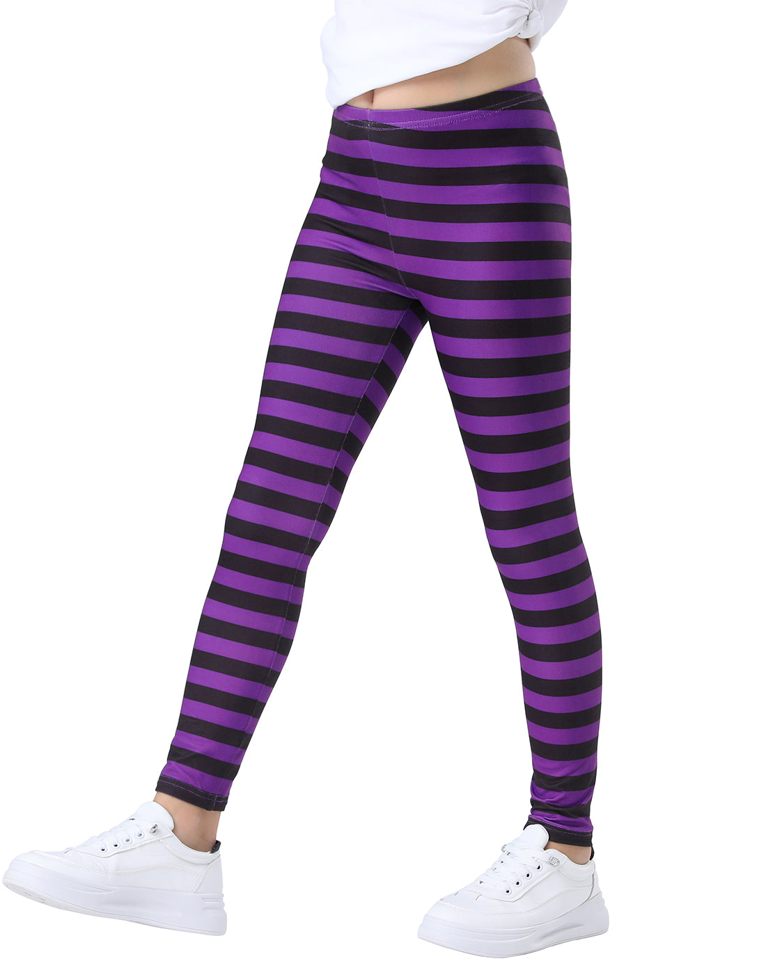 Girl's Purple & Black Stripe Leggings Soft – back view