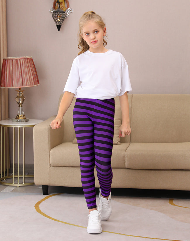 Girl's Purple & Black Stripe Leggings Soft – close-up detail