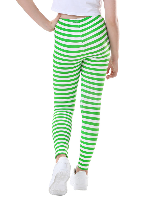 Girl's Green & White Stripe Leggings Soft – close-up detail