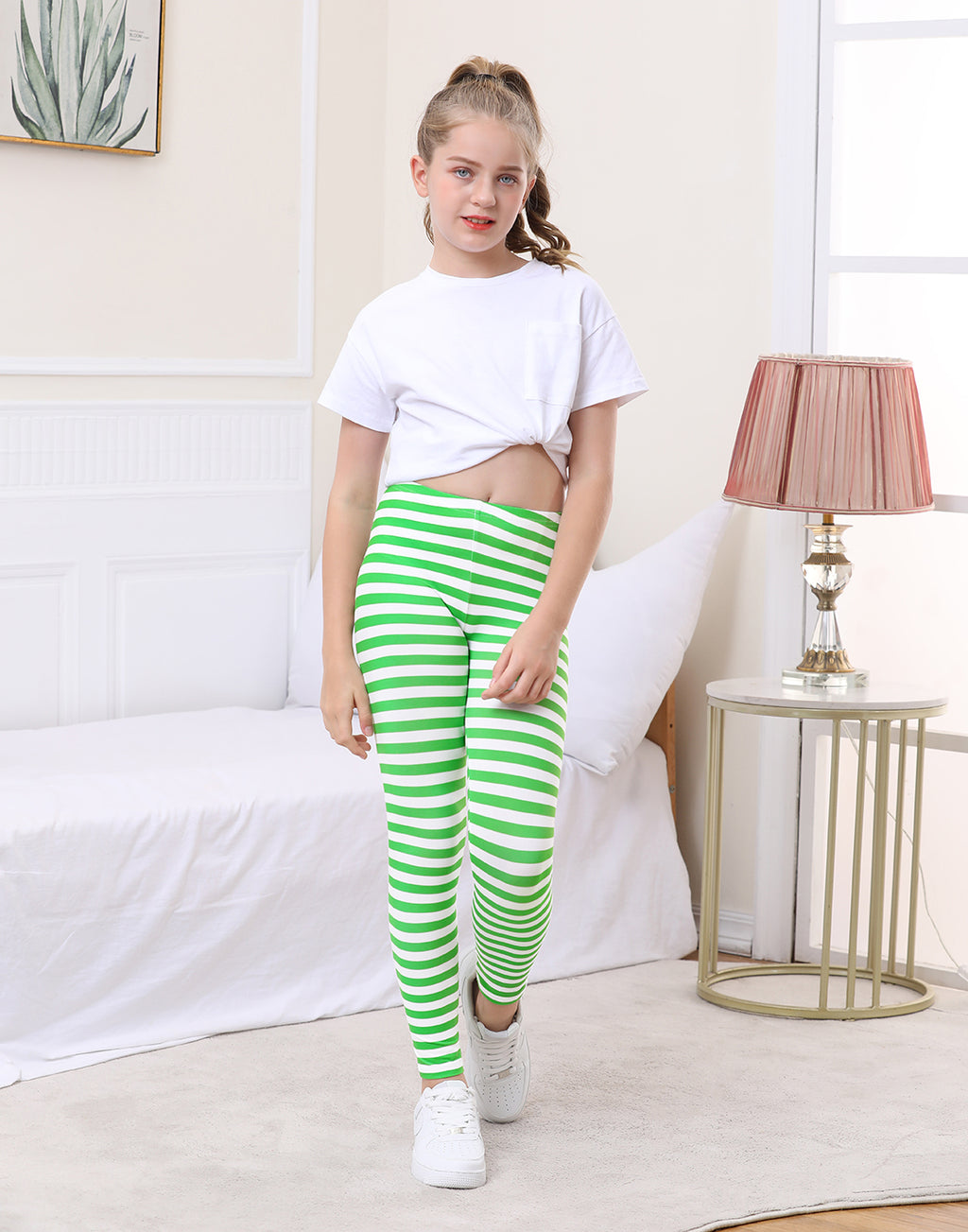 Girl's Green and White Stripes Ultra Soft Leggings