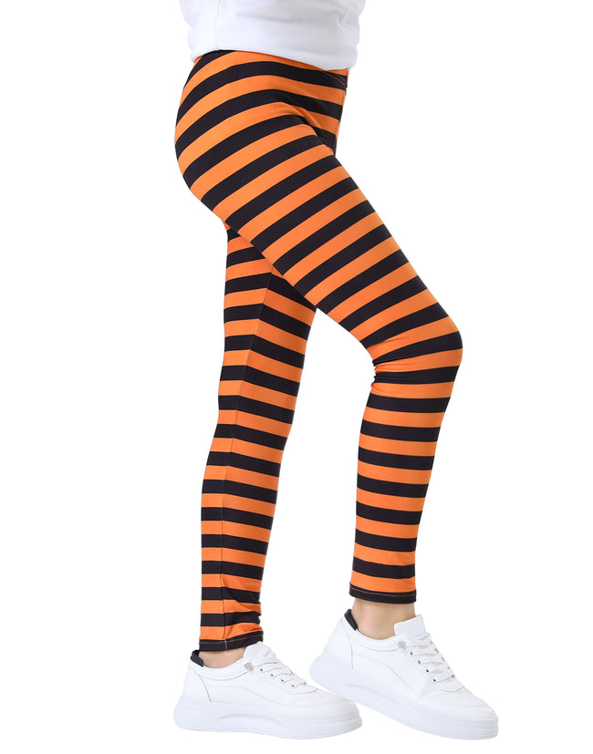 Girl's Orange & Black Stripe Leggings Soft – back view
