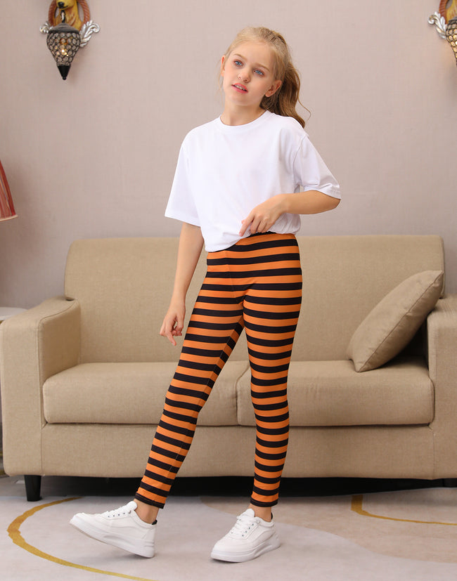 Girl's Orange & Black Stripe Leggings Soft – alternate view