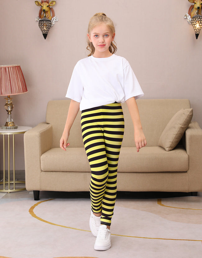 Girl's Yellow & Black Stripe Leggings Soft – close-up detail