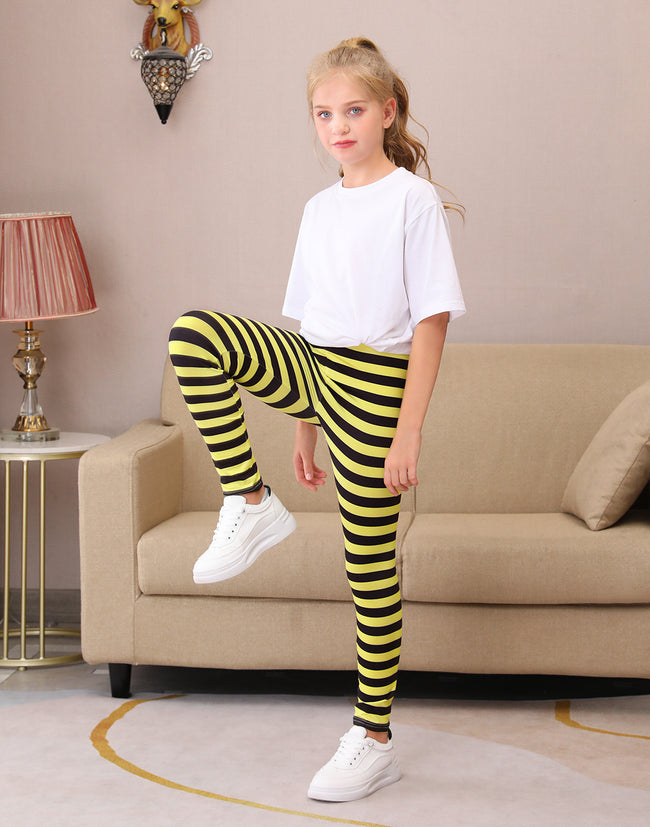 Girl's Yellow & Black Stripe Leggings Soft – alternate view